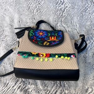 Floral Embroidered Beige and Black Women's Bag